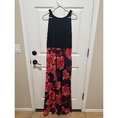 Ignite Evenings halter top A line maxi dress black with pink flowers pockets! 12