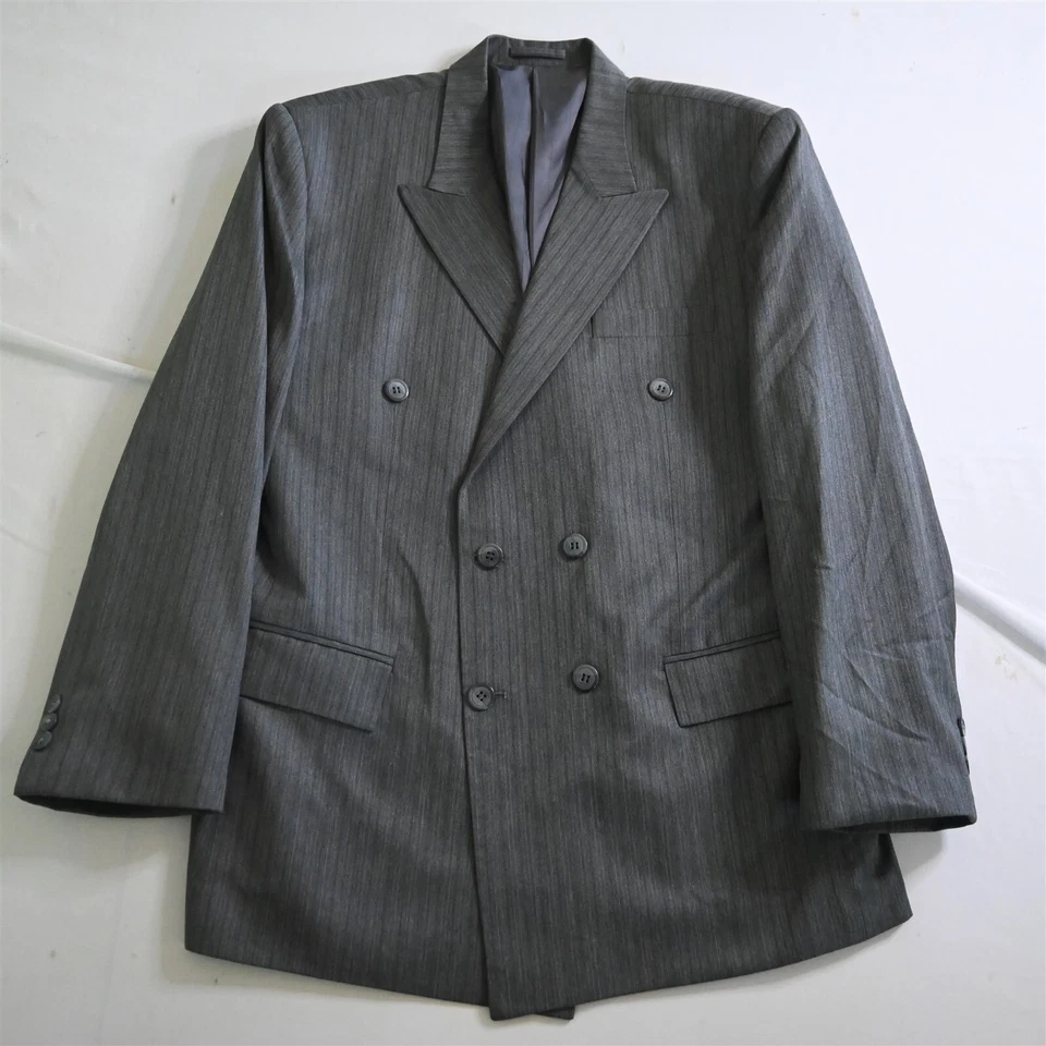 Traje Chaqueta Pantalones Traje A Medida Moda Clásica 38R 34x32 Gris Rayas Doble Pecho Foto 2 de 4