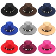 Women Wool Blend Panama Hats Wide Brim Fedora Caps Acrylic Flowers Leather Band