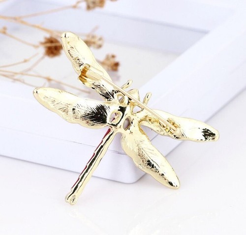 Dragonfly Red And Gold Vivid Cristal Brooch Pin Shiny Beautiful Gift - Picture 4 of 5