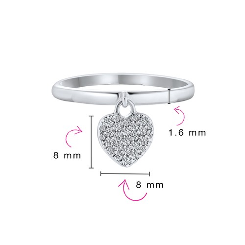 Simple Delicate Sterling Silver Ring with Pave Dangle Heart Charm - Picture 4 of 4
