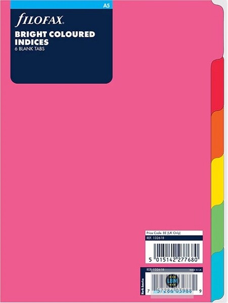Filofax A5 size Bright Coloured Index (6-Part Blank Tab) Divider Refill 132618