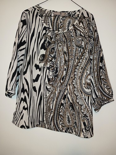 Chicos Size 2 Top Woman’s Black/Gold Print Design Pullover 3/4 Sleeves (246-2) - Picture 5 of 7