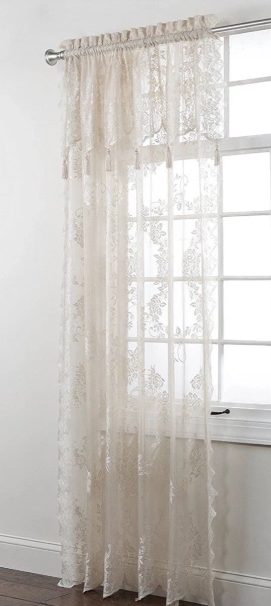 Belle Maison Champagne Ivory French Country Lace Curtains w Tassels | 84” Pair