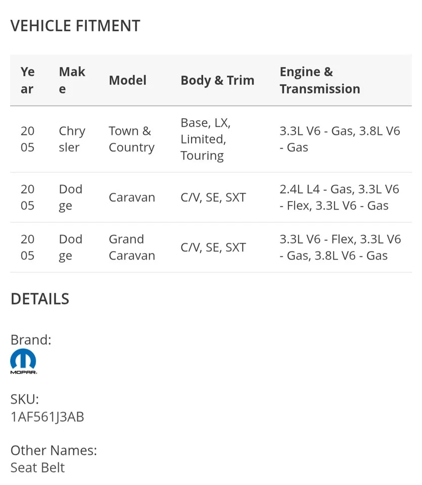 Genuine Mopar 2005 Chrysler Town & Country Retractor Seat Belt Right 1AF561J3AB - Image 3 of 3