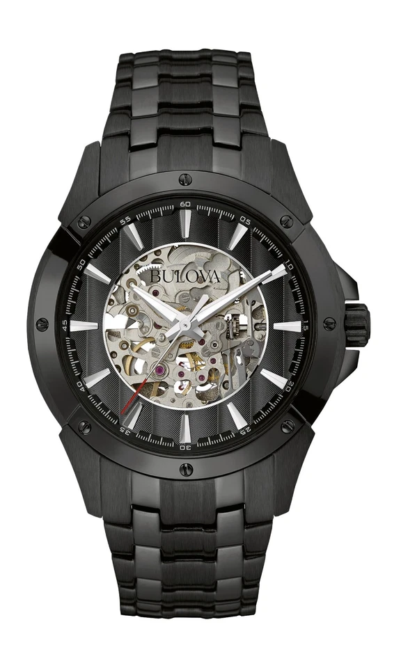 Bulova Men's Classic Automatic Skeleton Black Stainless Steel Watch 43 MM 98A147