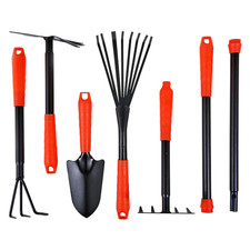7pc Extendable Garden Hand Tool Set  Rake, Fork, Hoe, Trowel Gardening Tools Kit