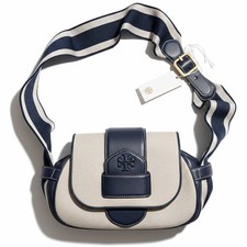 Image of 🔥 NWT Tory Burch KIRA Canvas Shoulder Bag - Natural/Midnight Navy - RARE Style!