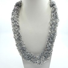 Chunky Silver Tone Beaded Braided Statement Necklace Boho Glam Festival Layering
