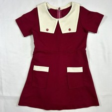 Vintage Girls Dress- Mod/Retro -A-line-Peplum/Pilgrim Collar-Burgundy-Knit-70s