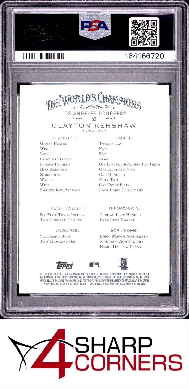 2009 TOPPS ALLEN & GINTER #53 CLAYTON KERSHAW DODGERS PSA 9 view 2