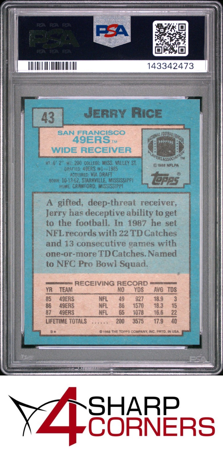 1988 TOPPS #43 JERRY RICE 49ERS HOF PSA 10 view 2