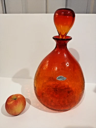 Vtg BLENKO Orange Amberina Crackle W. Husted Art Glass DECANTER - Stopper 13 In