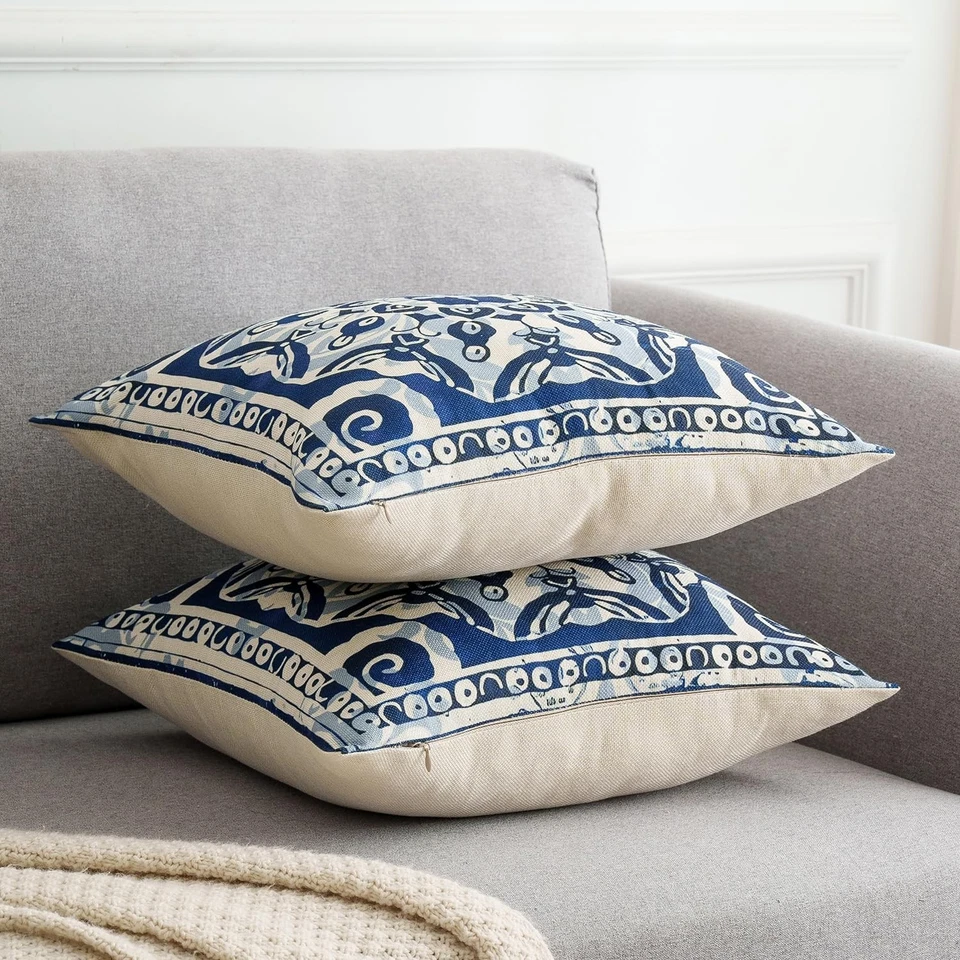 Kissenbezug 45x45 2er Set Boho Retro Datura Blume Muster Geometrische Blau Be... - Bild 3 von 4