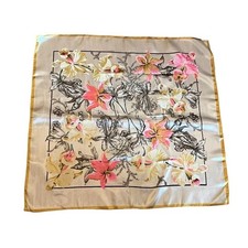 Vintage Scarf Yellow Pink Flowers Large 33.5 X 32  Silky Feel New Old Stock