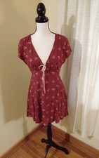 NWT Free People Everyones Favorite Mini Dress Red Floral V Neck Tie Boho Size S