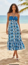 Aqua Blue Crochet Batik Halter Rayon Midi Summer Dress Size XL
