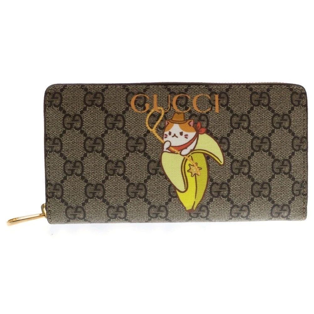 Portefeuille long cuir à fermeture éclair ronde GUCCI Bananya GG Supreme beige 70