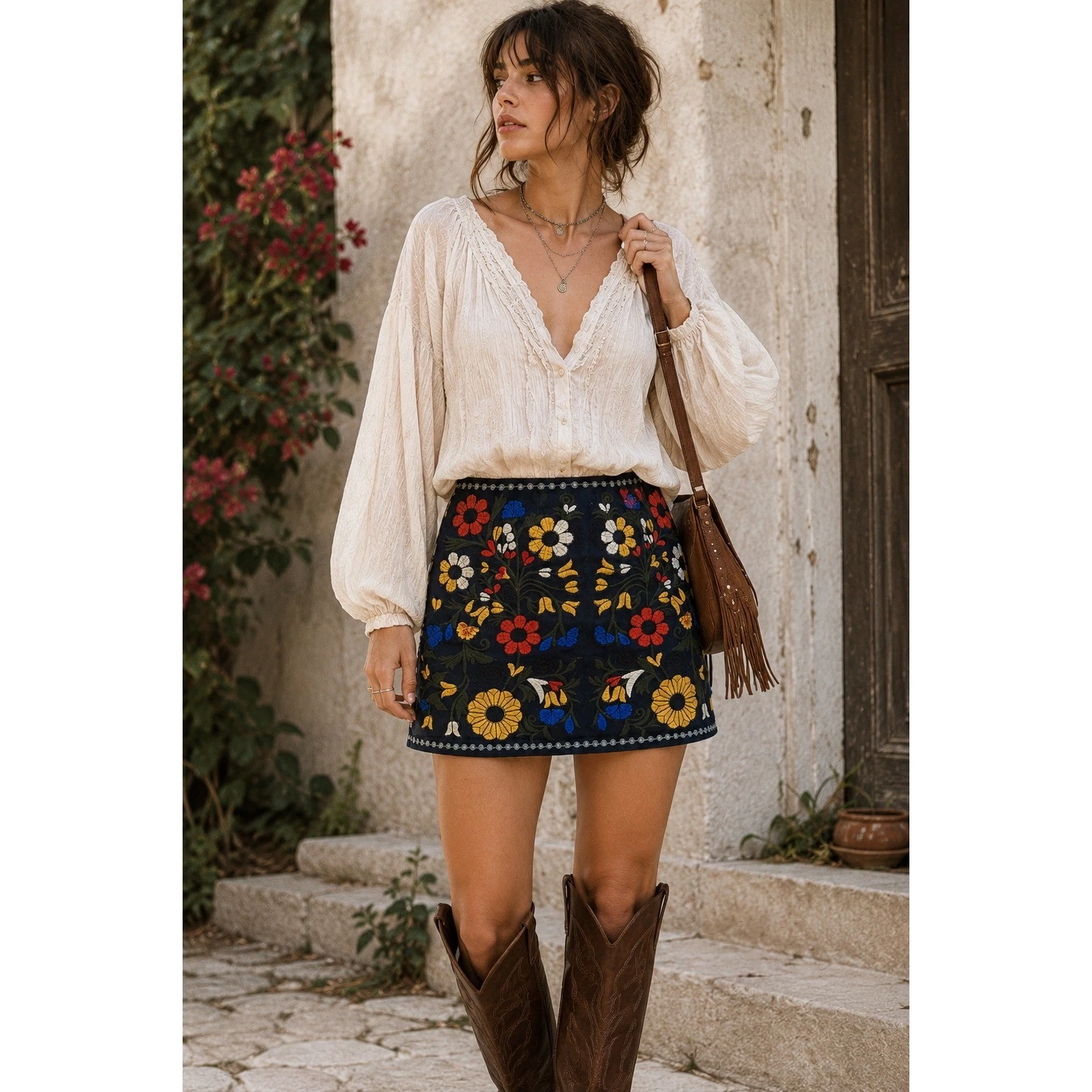 Velzera Embroidered Floral Mini Skirt Folk Art Cottagecore Boho 28 Waist