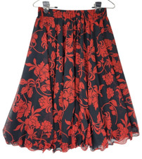 Women's S Midi Skirt Black Red Whimsigoth Floral Print Fairy Rhinestones Flowy