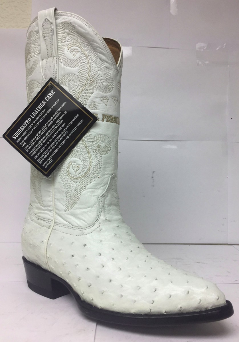 Men’s Genuine Leather Exotic Ostrich Print J-Toe Cowboy Western Boots - White Genuine Leather Exotic Full Quill Ostrich Print J-Toe Cowboy  main image 4
