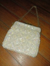 Vintage Handmade Clutch Evening Purse Sequin Beads White Goldtone Chain Formal