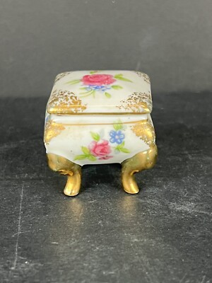 Japanese Porcelain Footed Ring Box Pink Rose Mini Trinket Holder