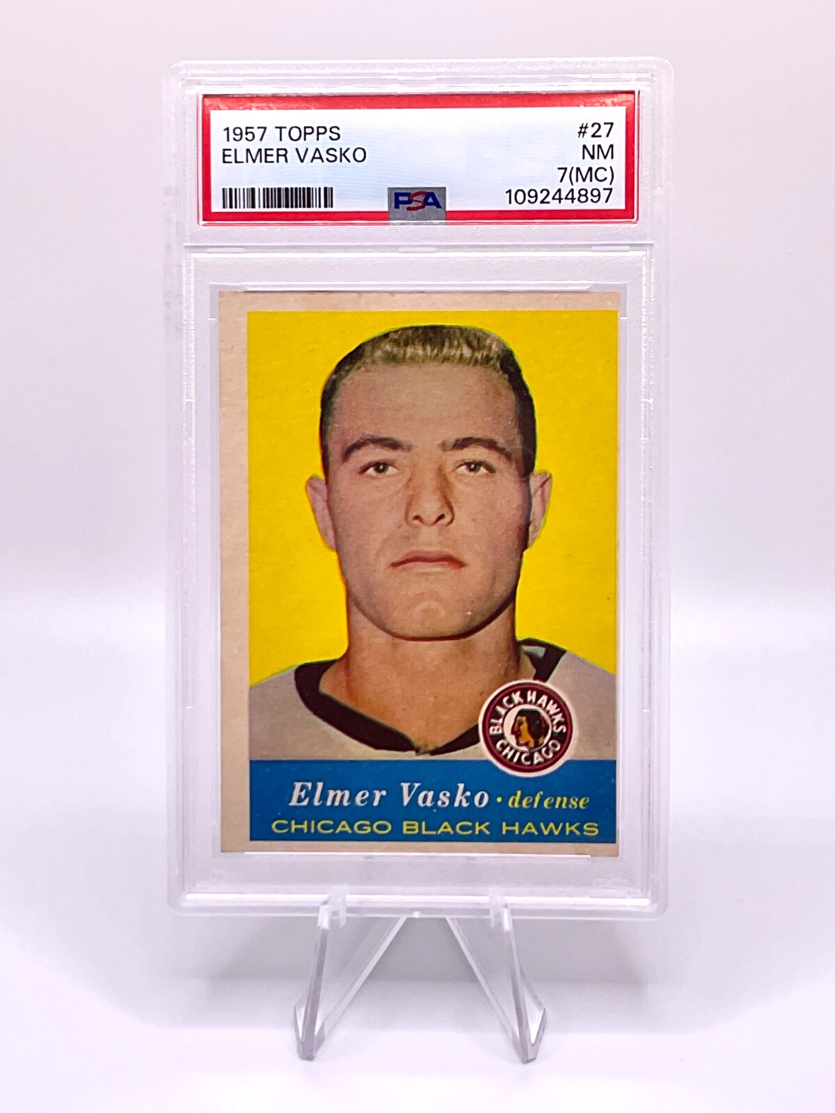 Elmer Vasko #27 Hockey Cards 1957 Topps trading card — raw and PSA graded price guide