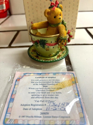 Priscilla Hillman Cherished Teddies  Cup Full of Peace  with Adopt Certificate