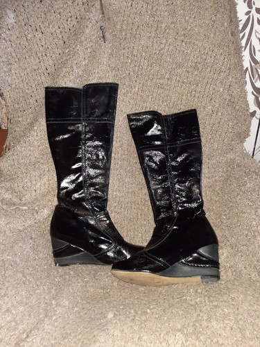 Black Patent Leather Tall Wedge Boots 