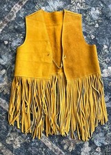 1970s Leather Suede Gold Yellow Fringe Vest Long Vtg Sm Med
