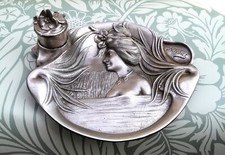 Stunning French Art Nouveau Pewter Ink Well - Bathing Lady - Signed N Vidal