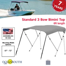Oceansouth BIMINI TOP 3 Bow Boat Cover Gray 67"-72" Wide 6ft Long W/ Rear Poles