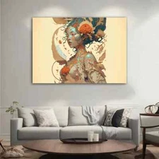 Beige Asian Woman Modern Ethnic Floral Wall Art Canvas Unframed Print Art