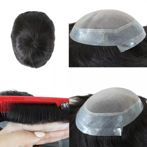 Toupee For Men Human Hair Fine Mono Replecement System Straight Hairpieces Black