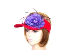 Red Sun Visor Hat Women's Sequin Silk Chiffon Flower Feathers Society Ladies