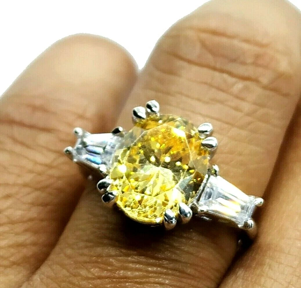 6Ct Fancy Canary Yellow Oval Diamond 14K White Gold Over