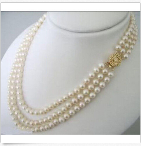 3 Rows Natural 7-8mm White Freshwater Cultured Pearl
