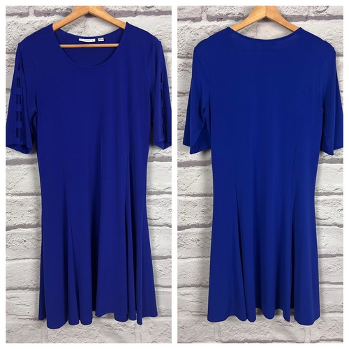 SUSAN GRAVER Women's Petite S Blue Liquid Knit Banded Split Elbow Sleeve Dress - Picture 12 of 12