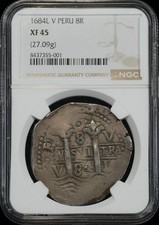 1684 Peru Cob 8 Reales NGC XF-45 FIRST YEAR PILLAR & WAVES COB VERY SCARCE!!