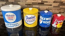 J.L. Clark Metal Tin Canister Set Pillsbury, Domino, Maxwell, Lipton w/lids