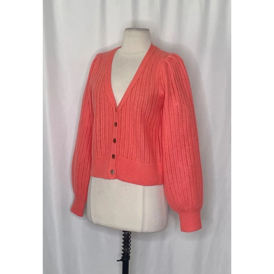 Cardigã de cashmere rosa BRANCO + WARREN suéter botões tecido aberto malha pequeno - Imagem 4 de 4