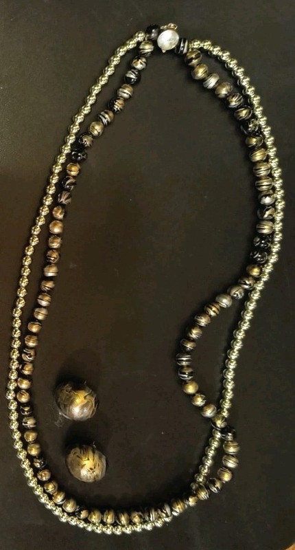 Vintage Chinese Tigers Eye Beaded Double Brown Necklace Pearl Earring  Clasp 23”