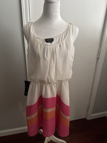 bebe Fit & Flare Chiffon Striped Scoop Neck Knee Dress S Ivory Pink Orange