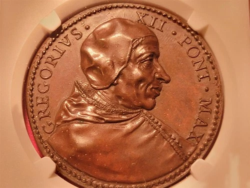 PAPAL STS VATICAN 19TH CENTURY GREGORY XII MEDAL BRONZE MS-64 NGC RARE SPINK-304