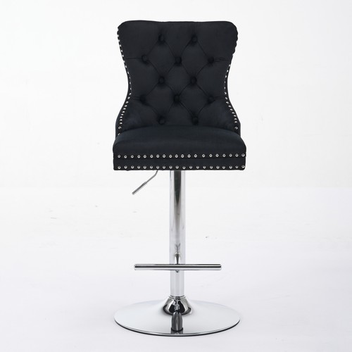 Set/2 Luxury Swivel Kitchen Barstools 25-33"Adjustable Thick Chrome Velvet Black - Picture 3 of 22