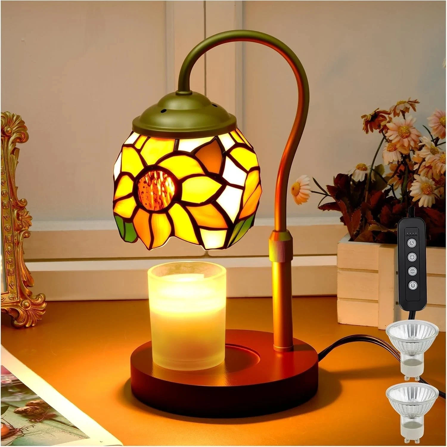 Tiffany Sunflower Candle Warmer Lamp Timer Dimmer Wax Melt Jar Candle Gift