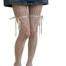 High Waist Lace Bow White Grey Black Blue Costume Tights Stockings with Bow