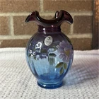 Fenton Mulberry Art Glass Vase Hand Painted Floral Signed A Kleem Ruffled Melon
