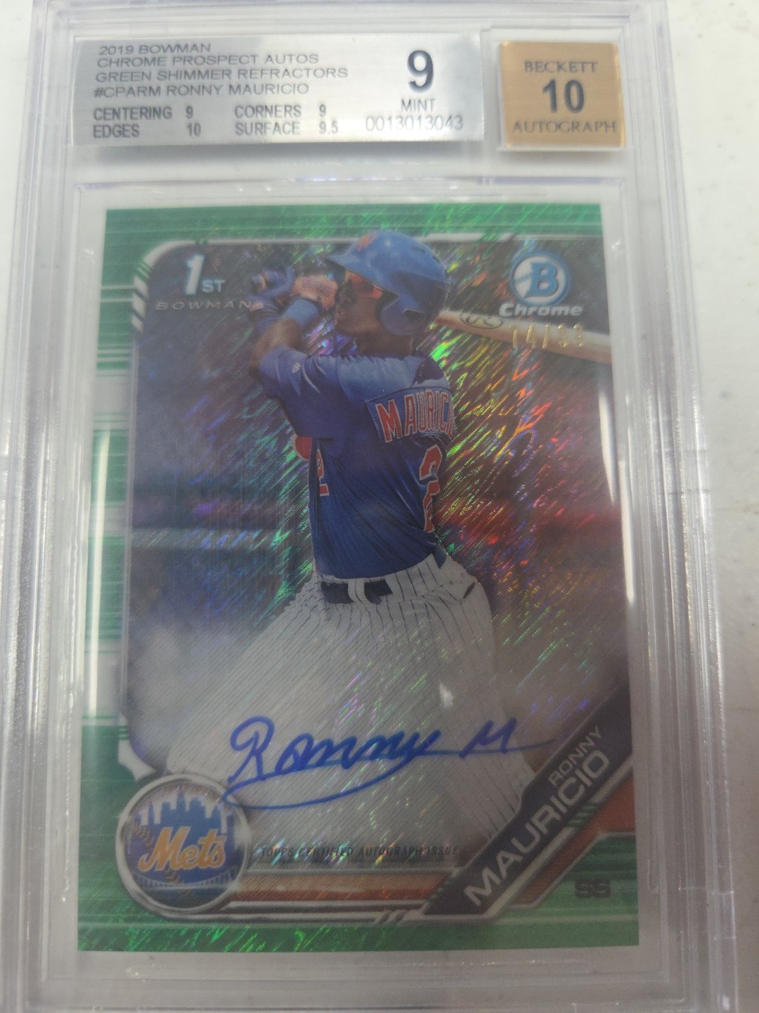 2019 Bowman Chrome Baseball Ronny Mauricio 1st Auto Green Shimmer /99 BGS 9 10